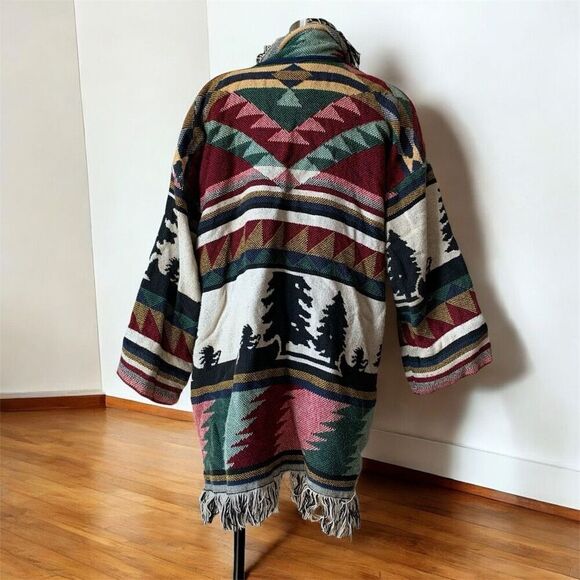 Vintage Blanket Fringe Patchwork Printed Cardigan Duster Kimono Small - Picture 3 of 9